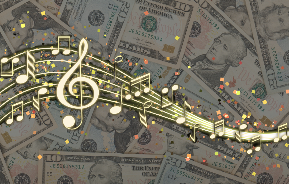Music notes on top of dollar bills